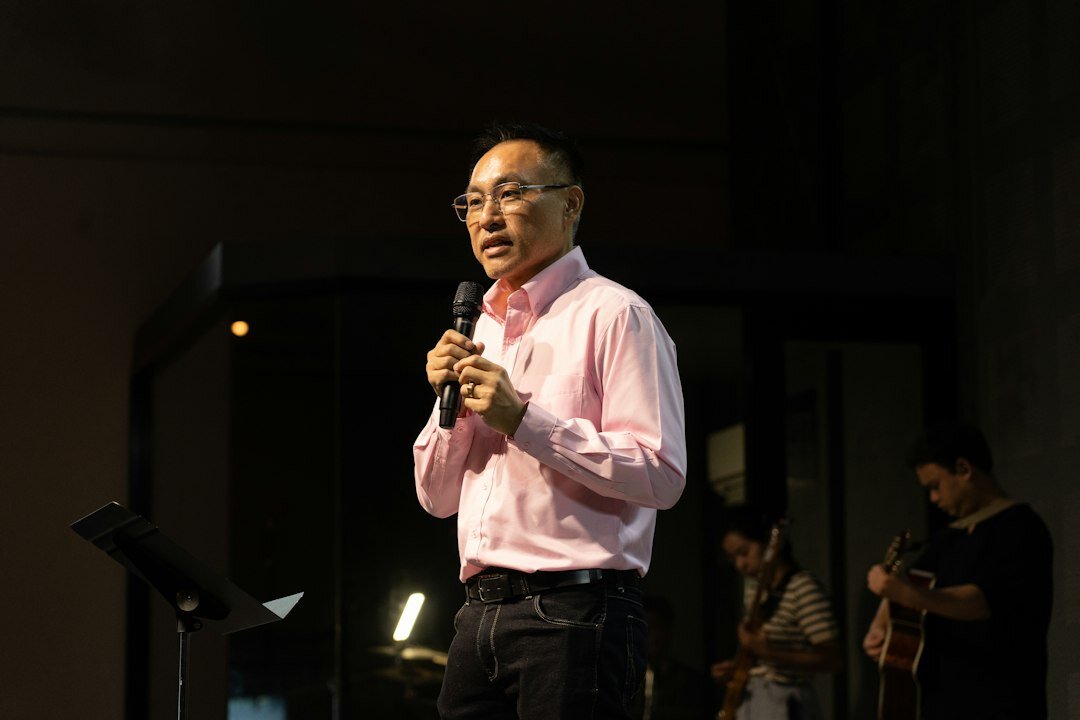 confident speaker on stage